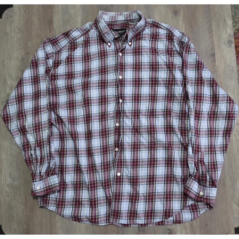 Eddie Bauer Shirt Mens XL Red White Plaid Flannel Long Sleeve Button Up Cotton